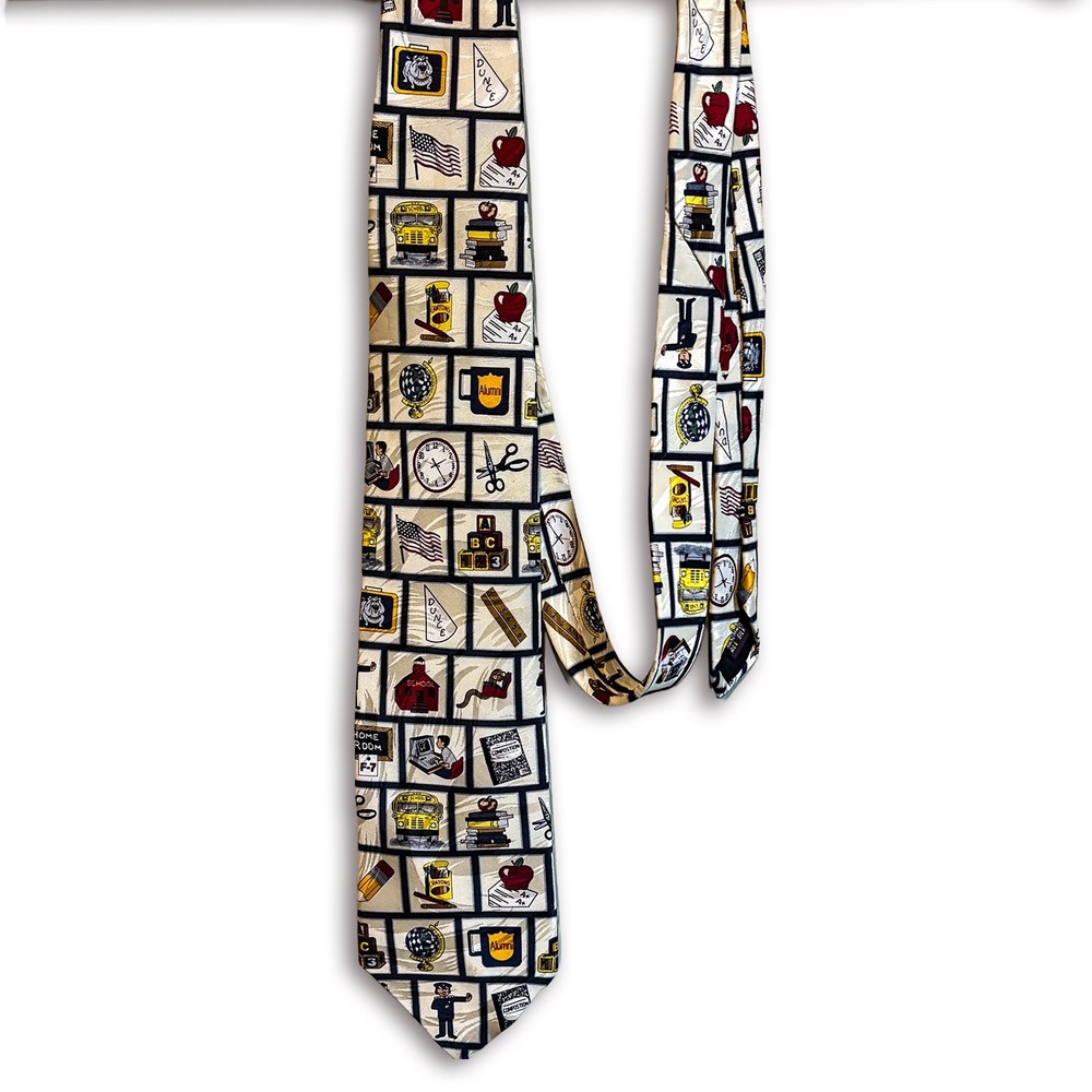 VTG Museum Artifacts 100% Silk Mens Tie Teacher Education Novelty Print